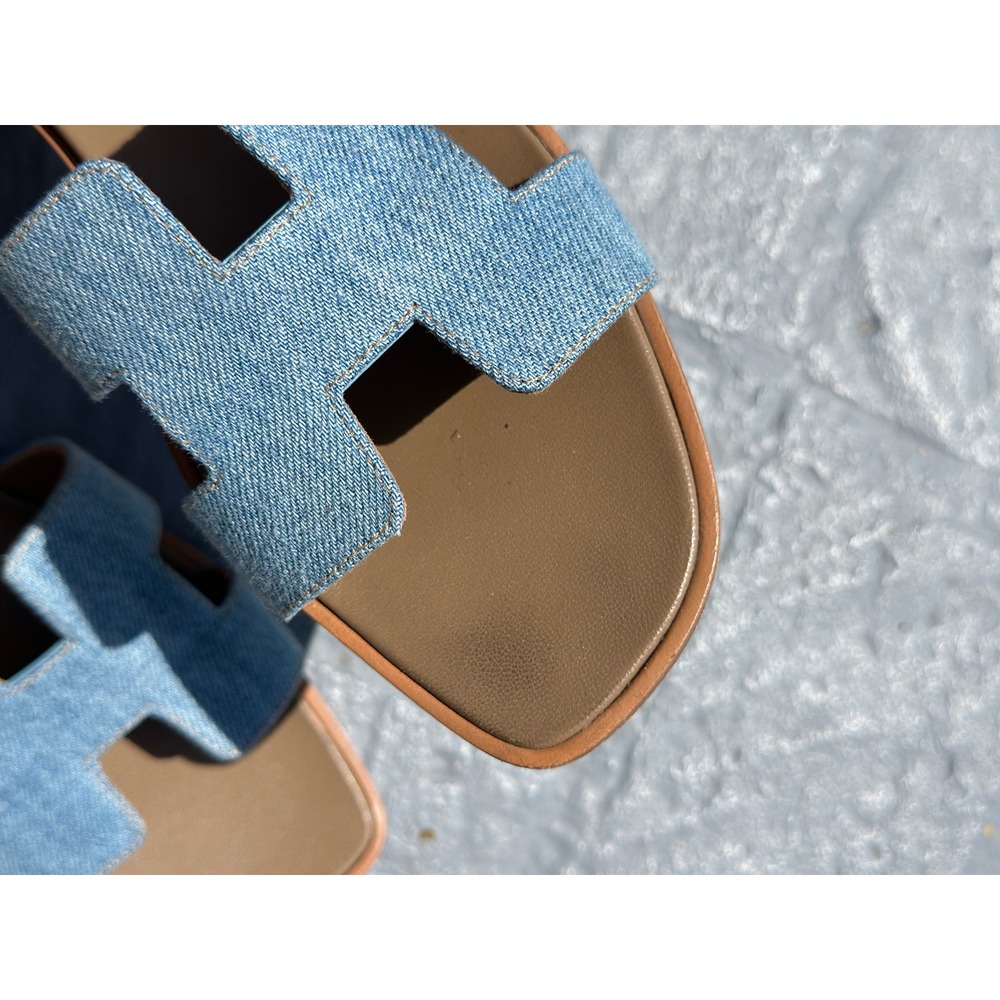 Hermes Oran Denim Sandals Blue denim Slides Size 39 Flat Shoes - Picture 9 of 11